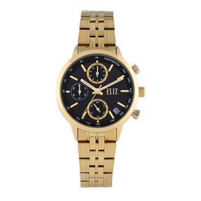 ELIZ  ES8882L2GNG  – Desir  Collection –  Round  – 34 MM Alloy  Case –  PVD Gold  –  Mineral Glass –  BLACK  Dial – Chronograph  Movement –16 MM PVD Gold Metal Bracelet Strap –Hidden Deployant with Pushers Buckle –3 ATM Water Resistant –Women's Watch -3 Years Warranty