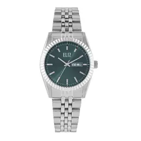 ELIZ ES8863L2SES – Mahal Collection – Round – 31mm Stainless Steel Case – Hardened Mineral Glass – Green Dial – Japan Day-Date Quartz Movement – 17mm Stainless Steel Band – Foldover with Pushers Buckle – 3ATM Water Resistant – Men's Watch – 2 Years Warranty 
