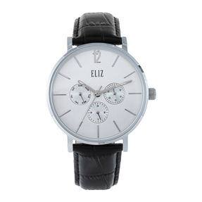 ELIZ ES8926G1SSN – Classique Collection – Round – 40mm Stainless Steel Back Case – PVD Silver Plating – Hardened Mineral Glass – Silv Dial – Japan Multifunction Quartz Movement – 20mm Black Genuine Leather Strap – Tang Buckle – 3ATM Water Resistant – Men's Watch – 2 Years Warranty 
