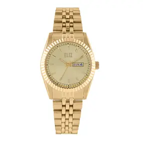 ELIZ ES8863L2GCG – Mahal Collection – Round – 31mm Stainless Steel Case – PVD Gold Plating – Hardened Mineral Glass – Gold Dial – Japan Day-Date Quartz Movement – 17mm Stainless Steel Band – Foldover with Pushers Buckle – 3ATM Water Resistant – Women's Watch – 2 Years Warranty