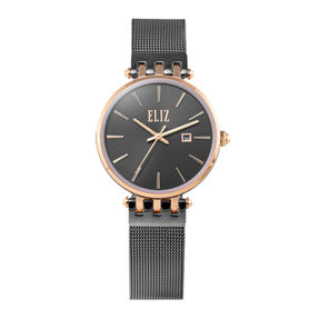 ELIZ ES8905L2RGA – Splendeur Collection – Round – 30mm Stainless Steel Case – PVD Rose Gold Plating – Slightly Domed Mineral Glass – Grey Dial – Japan Date Quartz Movement – 14mm PVD Black Stainless Steel Mesh Strap – Double Lock with Safety Clasp Buckle – 3ATM Water Resistant – Women's Watch – 2 Years Warranty 