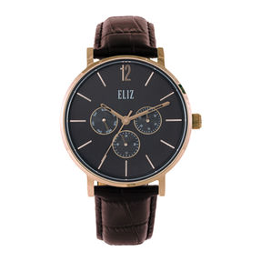 ELIZ ES8926G1RNO – Classique Collection – Round – 40mm Stainless Steel Back Case – Hardened Mineral Glass – Black Dial – Japan Multifunction Quartz Movement – 20mm Brown Genuine Leather Strap – Tang Buckle – 3ATM Water Resistant – Men's Watch – 2 Years Warranty 