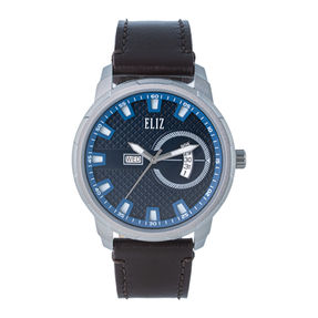 ELIZ ES8924G1SBO – Classique Collection – Round – 44mm Stainless Steel Back Case – PVD Silver Plating – Hardened Mineral Glass – Blue Dial – Japan Day-Date Quartz Movement – 22mm Brown Genuine Leather Strap – Tang Buckle – 3ATM Water Resistant – Men's Watch – 2 Years Warranty 