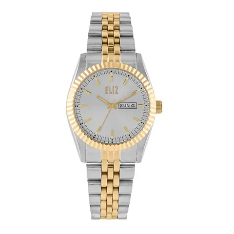 ELIZ ES8863L2TST – Mahal Collection – Round – 31mm Stainless Steel Case – TT PVD Gold Plating – Hardened Mineral Glass – Silver Dial – Japan Day-Date Quartz Movement – 17mm Stainless Steel Band – Foldover with Pushers Buckle – 3ATM Water Resistant – Women's Watch – 2 Years Warranty 