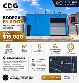 Fachada de bodega azul en renta en colonia Astilleros, Veracruz, con 200 m² y acceso mediante cortina metálica