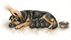 Painted illustration of metritis in a dog after giving birth