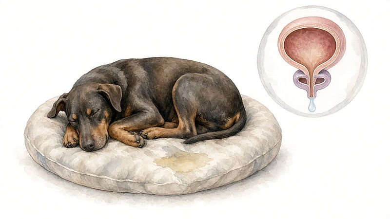 Painted illustration of urethral sphincter incompetence in a dog