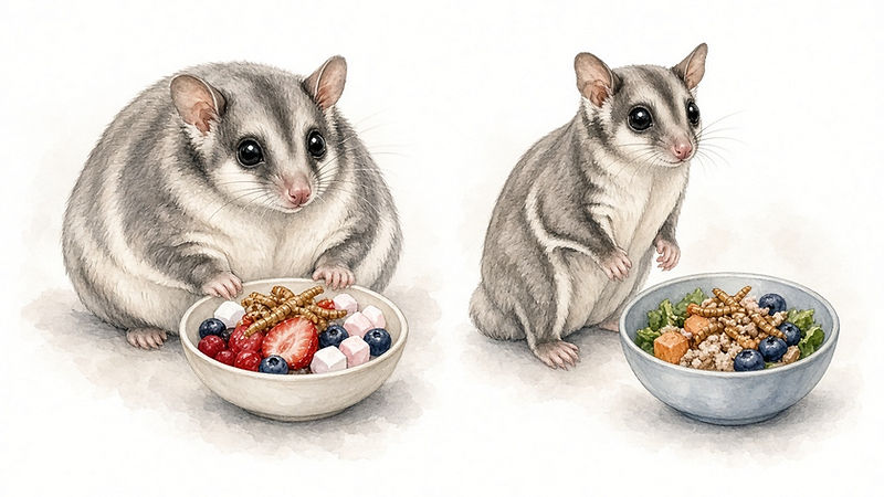 Painted illustration of malnutrition and obesity in a sugar glider