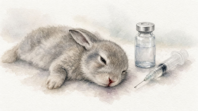 Painted illustration of rabbit hemorrhagic disease (RHDV2) in a rabbit