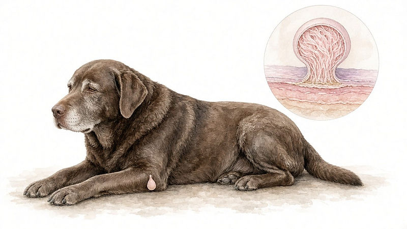 Painted illustration of a skin tag in a dog