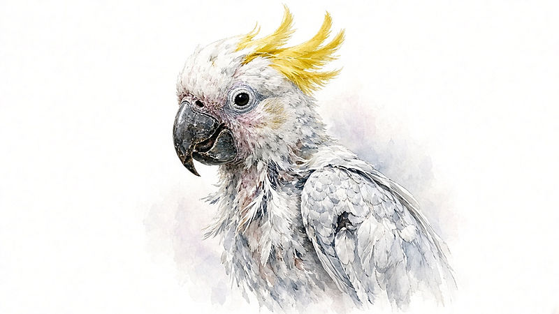 Painted illustration of psittacine beak and feather disease (PBFD) in a parrot