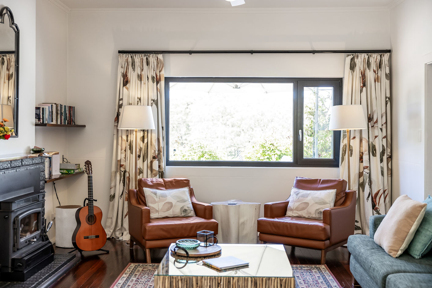 a loungeroom with curtains
