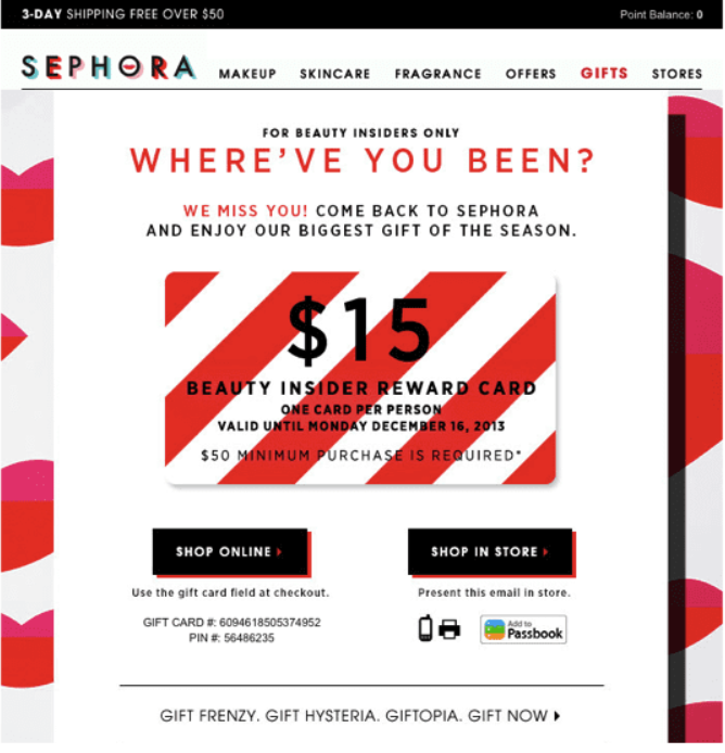 Screenshot of a winback email with promotion of an upcoming reward card.