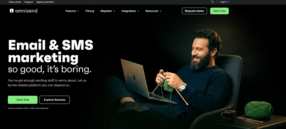 Screenshot of Omnisend’s homepage displaying its email and SMS marketing platform for ecommerce brands with automation workflows and Shopify connectivity.