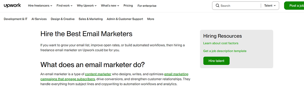 Screenshot of the Upwork page displaying profiles, hourly rates, and job details for hiring email marketers.