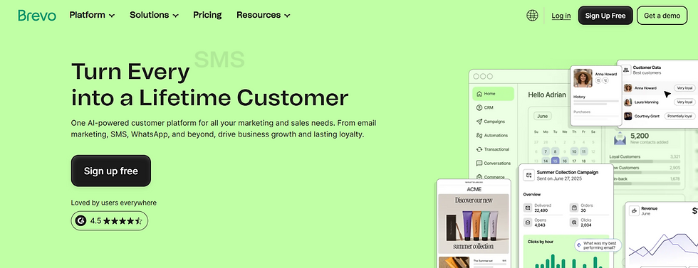 Screenshot of Brevo’s homepage displaying its email, SMS, and CRM marketing platform features with a clean dashboard preview.