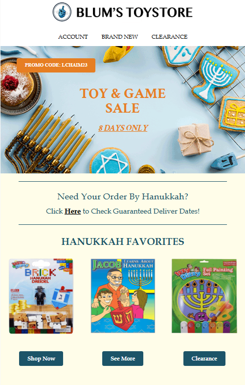 Screenshot of a Hanukkah sale announcement email.