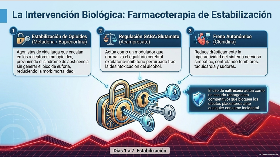 5.- La imagen describe la intervención biológica enfocada en la farmacoterapia de estabilización, abarcando la estabilización de opioides, la regulación GABA/glutamato y el freno autonómico durante los días 1 a 7.