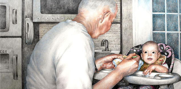 realistic portrait of a baby girl and her granddad; colored pencils illustration