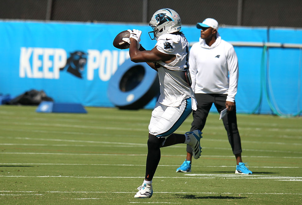 Panthers WR Xavier Legette hauls in a pass during Thursday practice. Photo by: Kevin Tolbert, ADSN #panthers