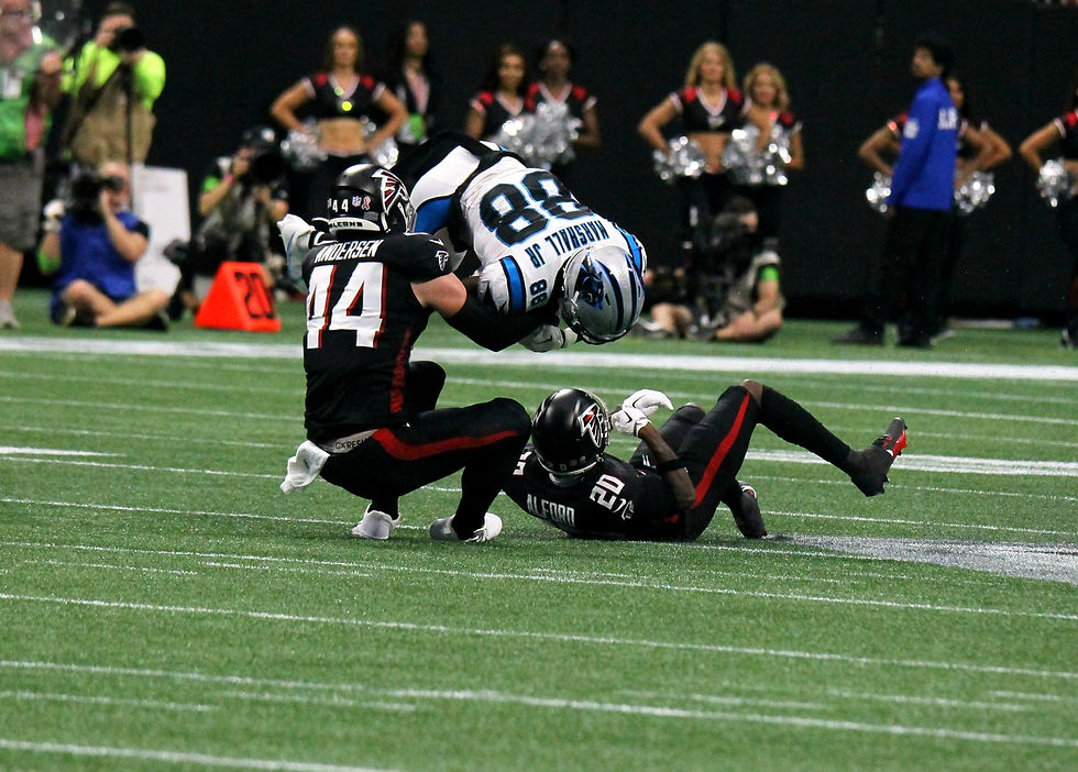 Terrace Marshall Jr. makes flips while making a reception during the Panthers season opening matchup against the Atlanta Falcons