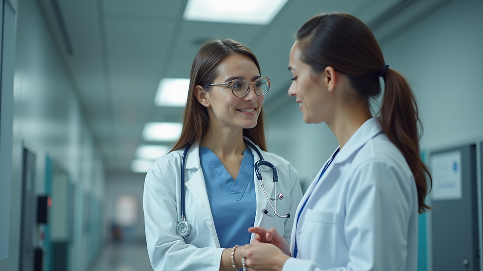 Eye-level view of a mentor and mentee discussing clinical skills