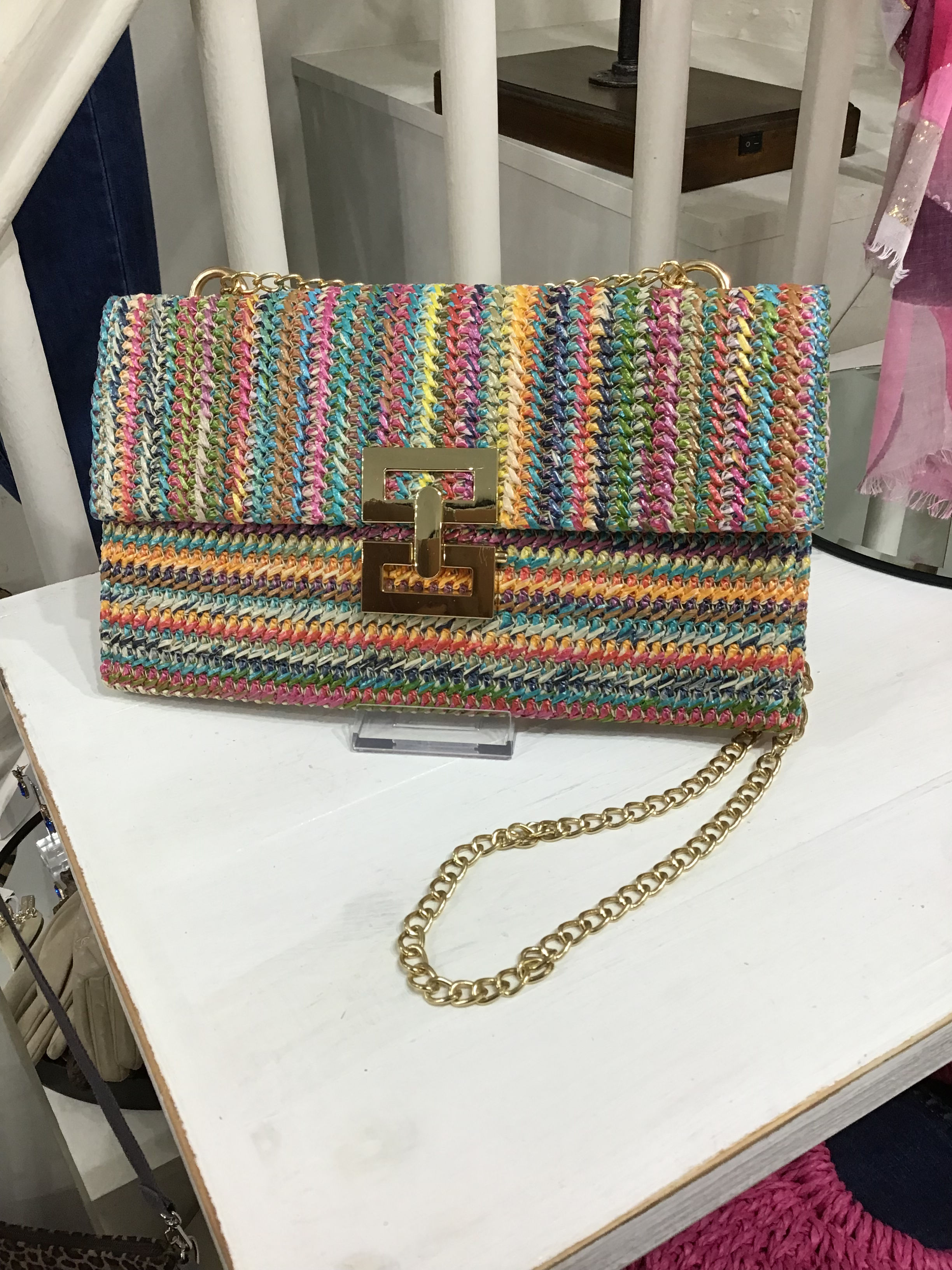 Multi coloured straw shoulder bag