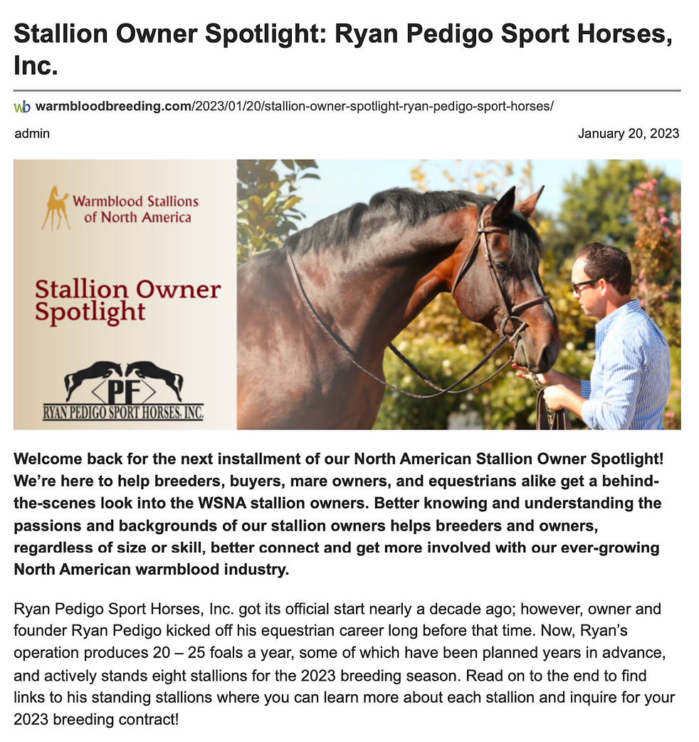 Ryan Pedigo Sport Horses Stallion Owner Spotlight