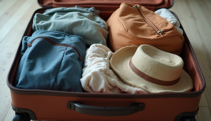 Close-up view of a family suitcase packed with travel essentials for a holiday