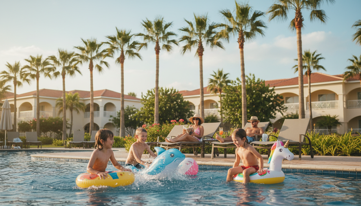 Eye-level view of children playing beside a shallow hotel pool while parents relax nearby.