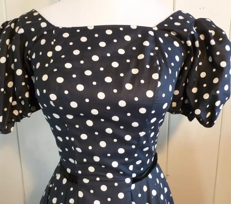 Thumbnail: 1950's Navy Blue Polka Dot Vintage Dress By Tailored Junior