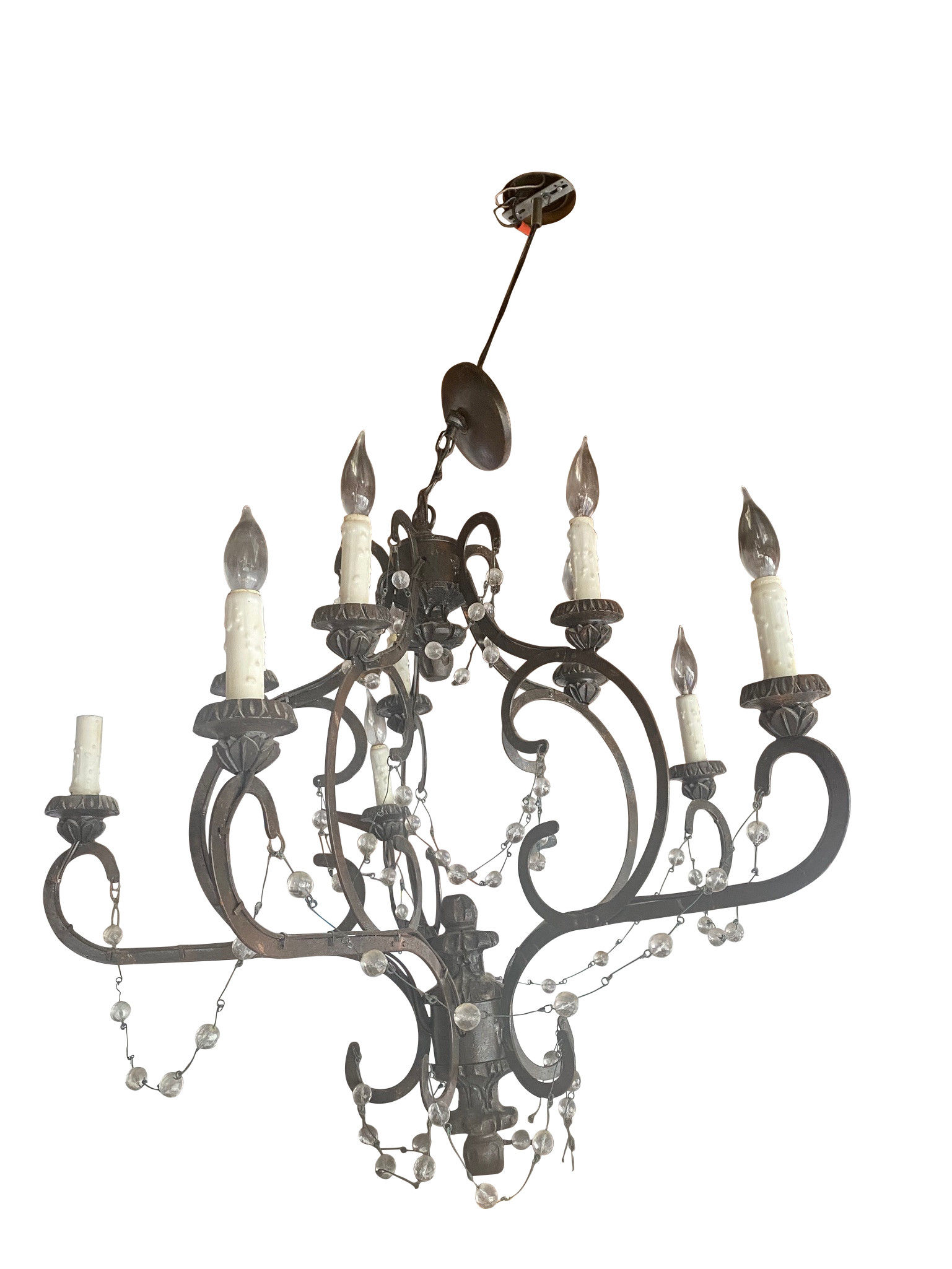 Old World Spanish Hand Forged Iron Chandelier with Crystal Beads