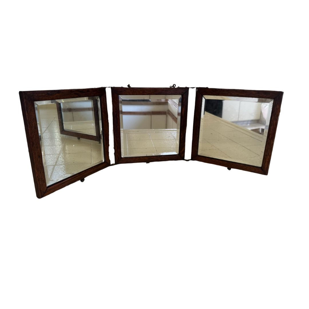 Antique Victorian Oak Tri-Fold Barber Wall or Vanity Mirror