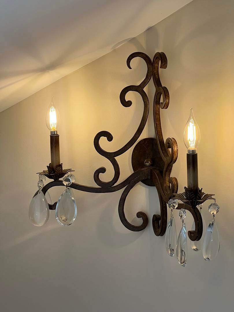 Thumbnail: Scrolled Wrought Iron Candelabra Wall Sconce With Crystals