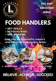 Food Handlers training poster by Letizia’s Training & Development, featuring key topics such as food safety, hygiene practices, and handling food safely. Ideal for anyone in the food service industry.