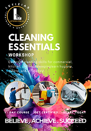 Cleaning Essentials training poster by Letizia’s Training & Development, covering effective cleaning techniques, hygiene practices, and safety protocols for domestic and commercial cleaning environments.