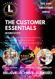 Customer Service Essentials training poster by Letizia’s Training & Development, covering communication skills, problem-solving, and customer satisfaction techniques. Perfect for those looking to enhance their customer service abilities in any industry.