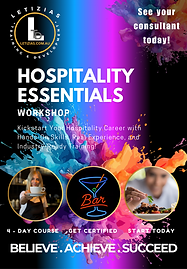 Hospitality Essentials training poster by Letizia’s Training & Development, covering customer service, workplace safety, and food and beverage handling skills. Ideal for individuals seeking a career in the hospitality industry.