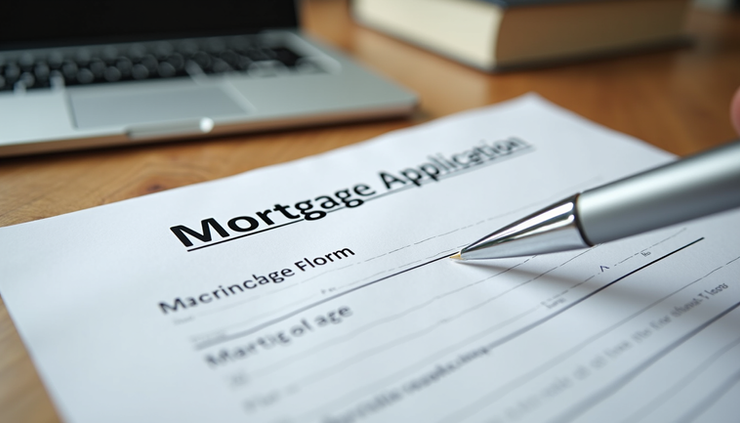 Eye-level view of a mortgage application form with a pen on top
