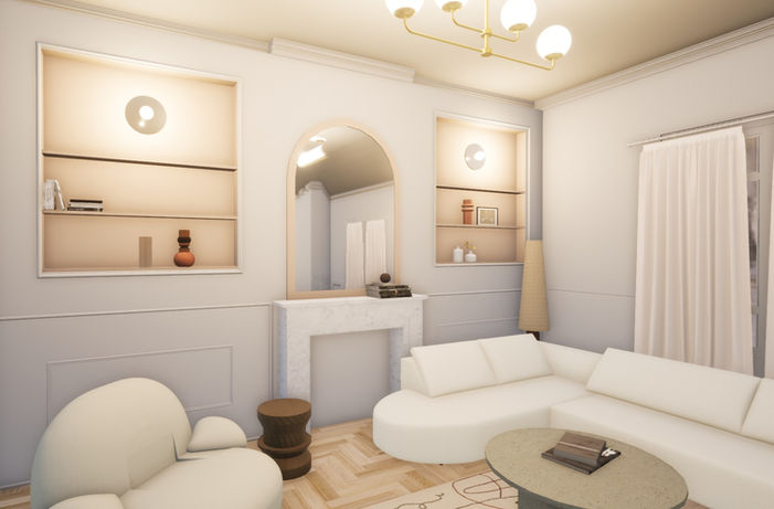 Rendu 3D Rénovation complète appartement 1930 salon moderne cheminée par Andrée Bracq studio architecte d'intérieur à Lille et Hauts-de-France