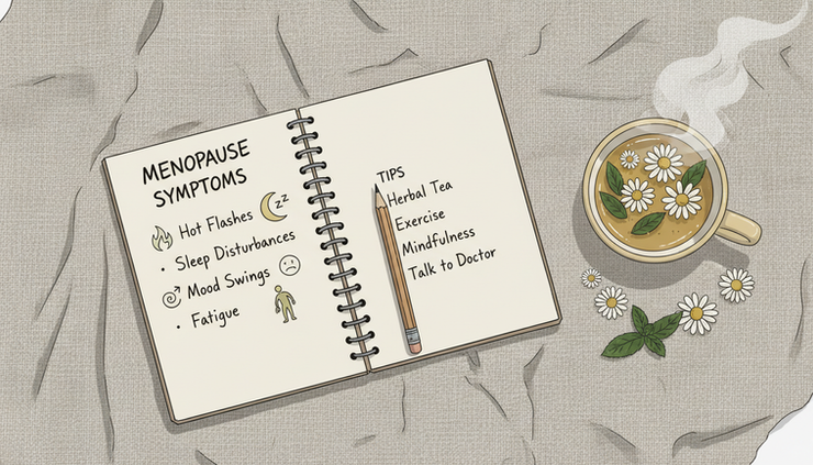 Overhead view of a notebook with simple symptom notes beside a cup of herbal tea