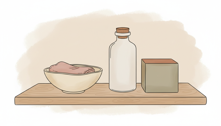 Eye-level view of a small ceramic bowl, folded cotton cloth and neutral wellness items on a bathroom shelf