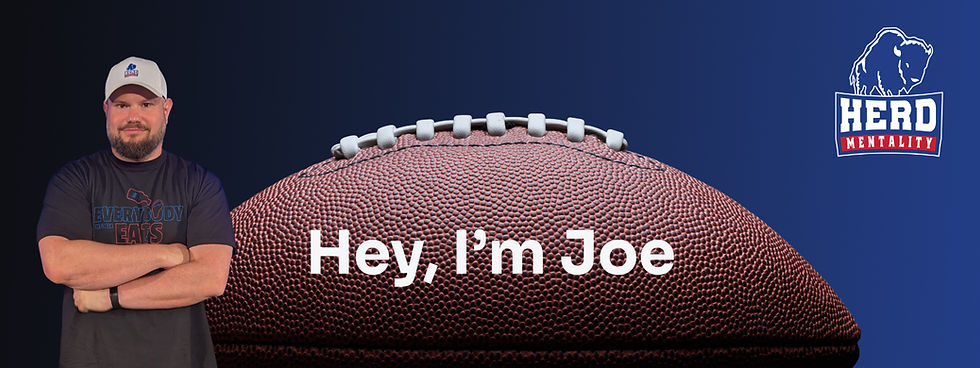 collage with a man, football, herd mentality logo and text that says hey i'm joe