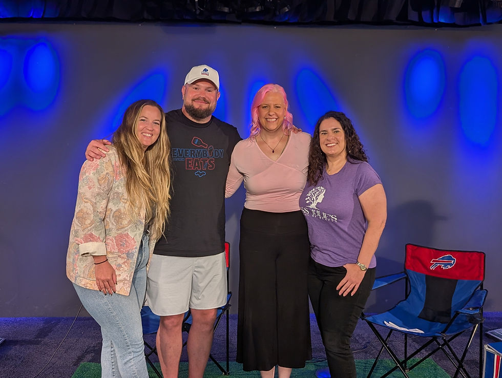 3 girls posing with a male podcaster