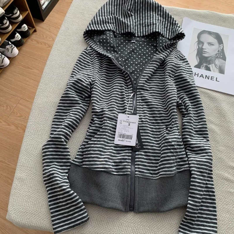 Korean Lazy Style Hooded Cardigan Fashion Vintage Gray White Striped Sweatshirts