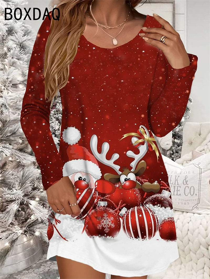 Women's Red Christmas Dress Casual Christmas Snowman Snowflake Print Mini Dress