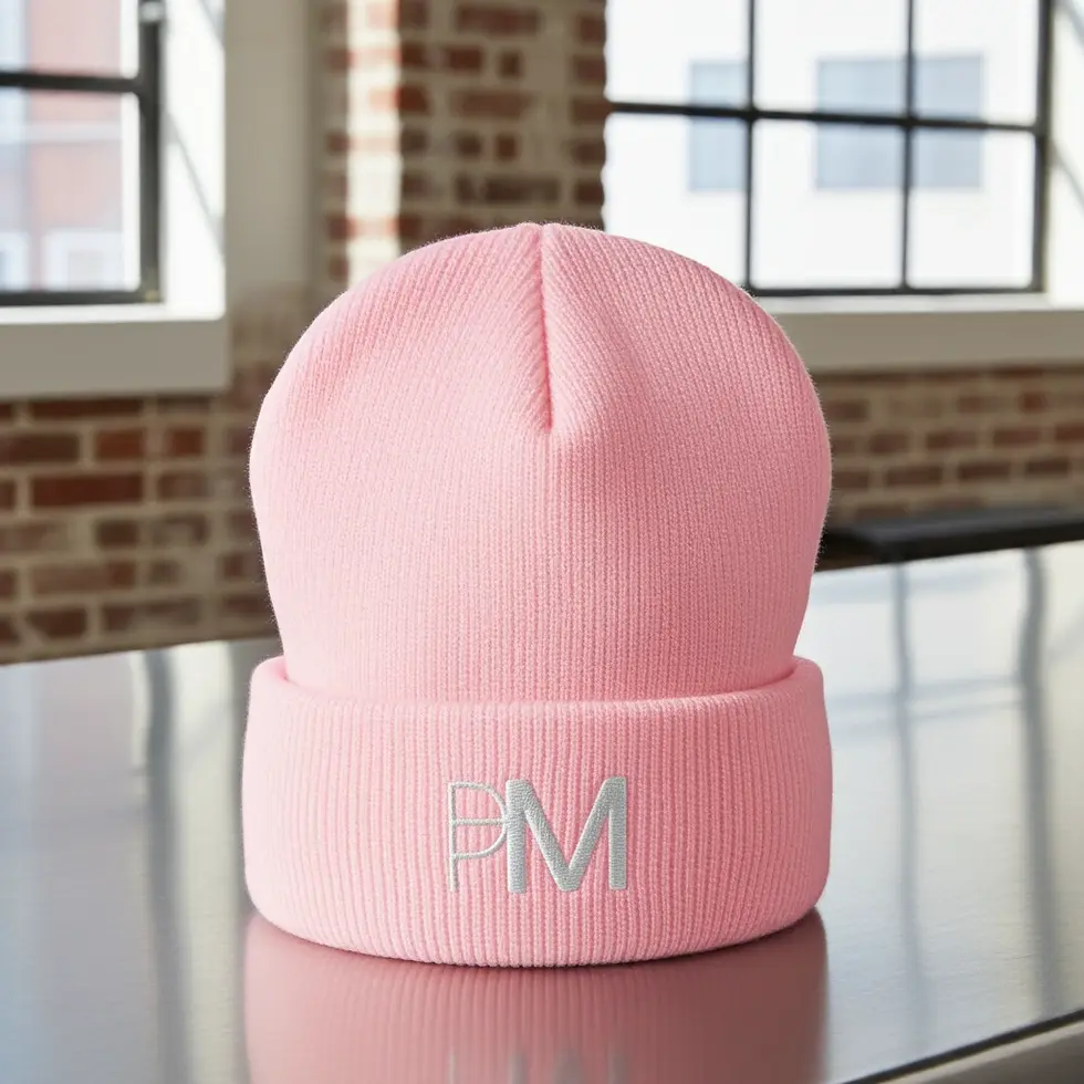 Pink beanie hat with PM logo, Protein Mama Gym Wear, on table surface.