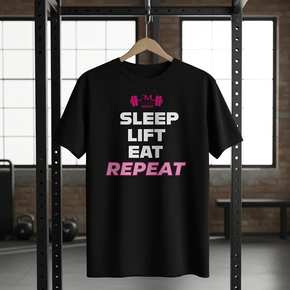 Black t-shirt with "SLEEP LIFT EAT REPEAT" text design and gym wear.