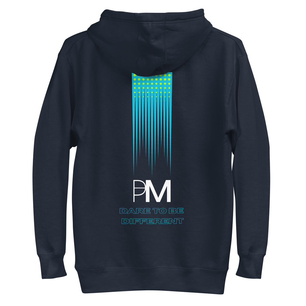Navy hoodie with PM logo on the back;