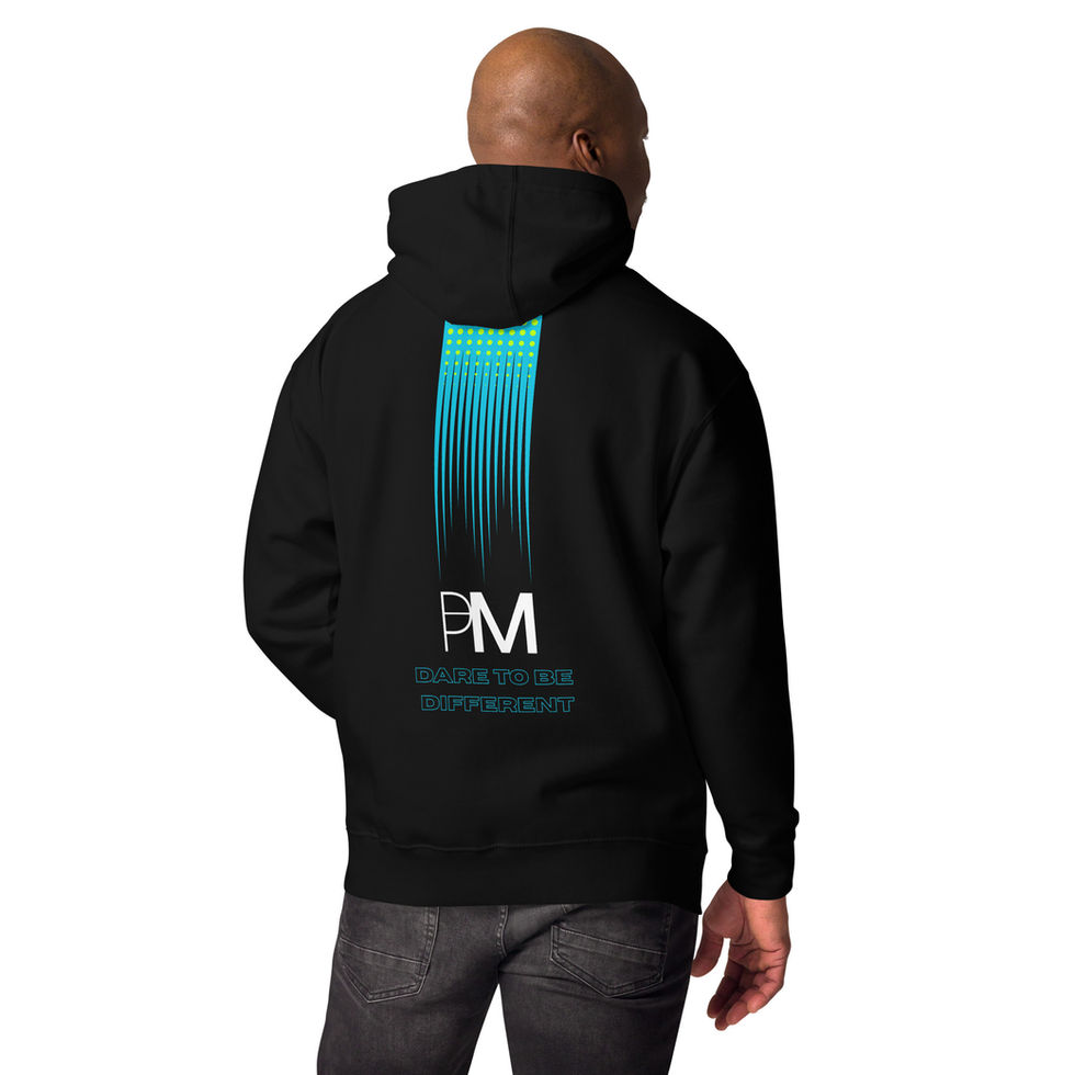 Man wearing black PM hoodie with